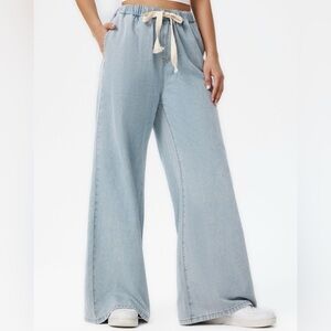 Casual Blue Light Wash Denim Wide-Leg Pants